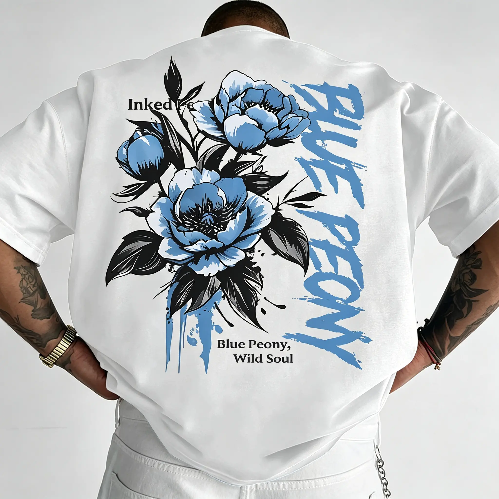 [Men's T-Shirt] New Men's T-Shirt, American Street Style Blue Peony Print T-Shirt,