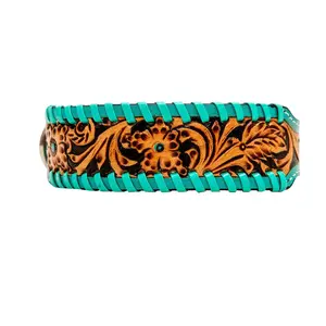 TEAL LACED HAND-TOOLED PADDED LEATHER DOG COLLAR TEAL LACED HAND-TOOLED PADDED LEATHER DOG COLLAR