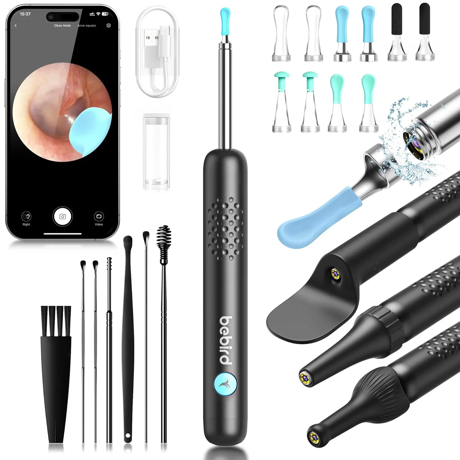 BEBIRD R1 Wax Removal Tool for Ear - Spade Ear Canal Cleaner with Camera 1080P Earscope, Wax Remove Ear Picker with Vari Replacement Tips, Camera with 6LED Light for Ear/Nose/Throat Examination, Black