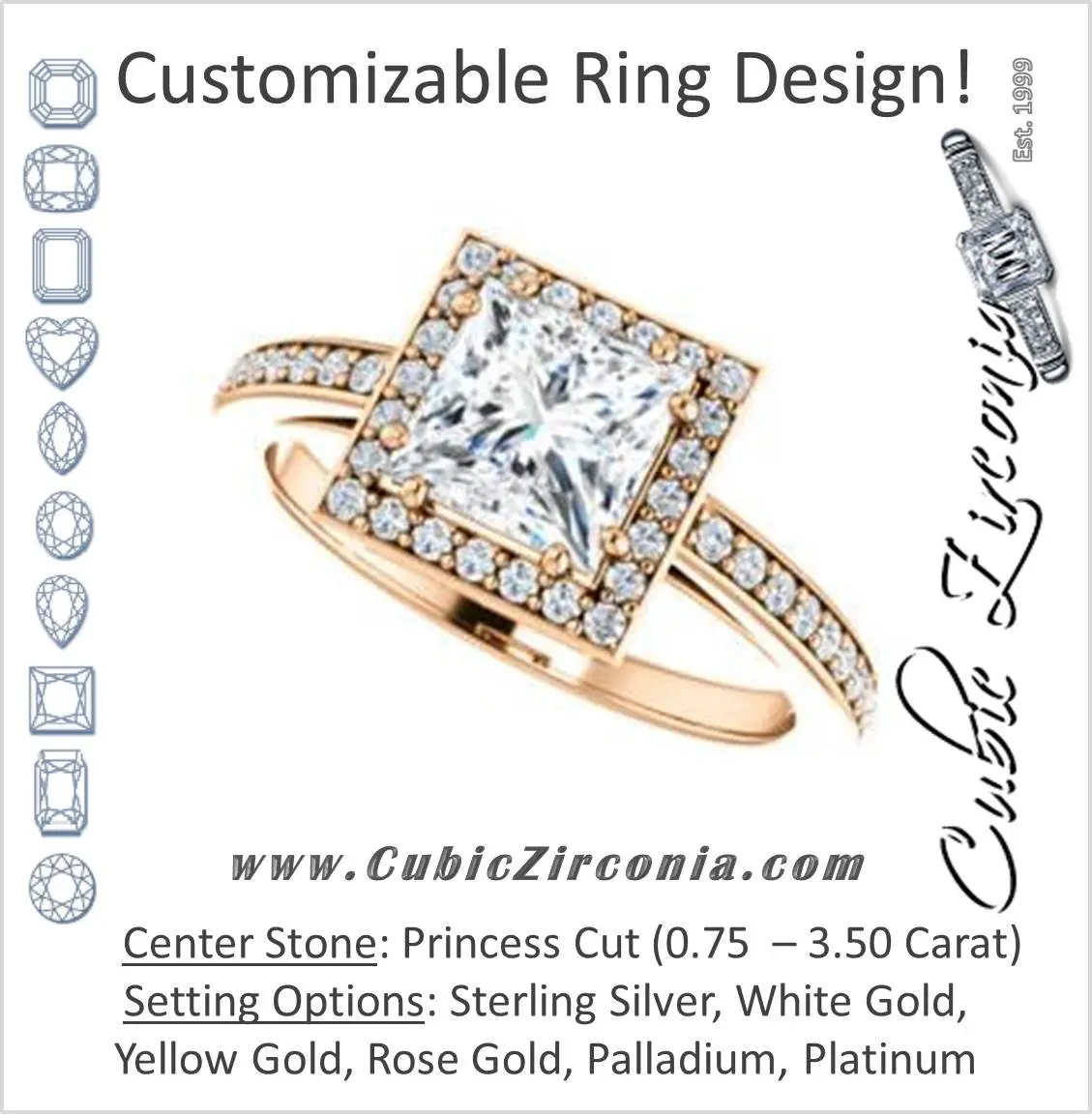 Cubic Zirconia Engagement Ring- The Kira (Customizable Cathedral-Halo Princess Cut Design with Thin Pavé Band)