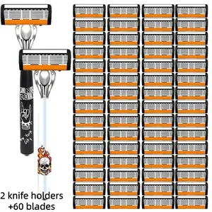 Manual Shaving Razor Set with 2 Knife Holders & 60 Blades, Anti-Cut Handle, Professional Sharp Blades, Daily Care Tool for Men