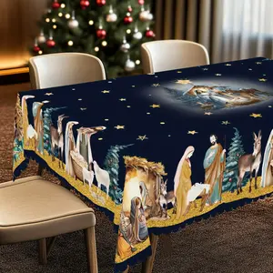 Christmas-Themed Durable Polyester Tablecloth - Vibrant Jesus' Birth Scene, Embossed Edges, Perfect for Holiday Dining & Decor Party Decoration Ornaments Tablecloth-S242