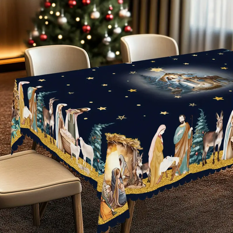 Durable Polyester Square Christmas Tablecloth - Vibrant Painted Nativity Scene, Embossed Edges, Ideal for Holiday Dining Decor, Party Use - Tablecloth-S242