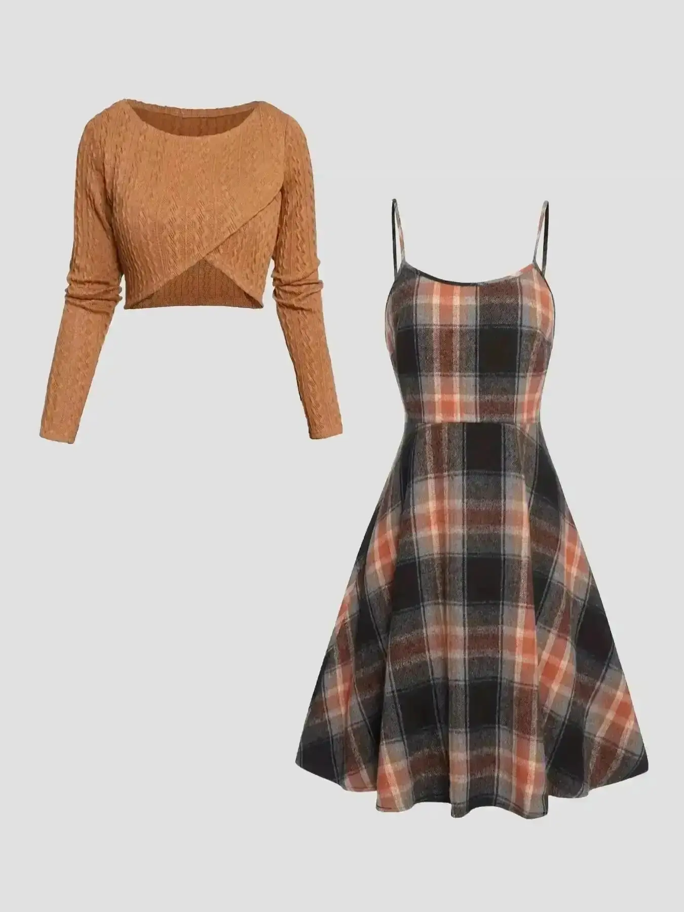 Women's Original Solid Wrap Hem Round Neck Textured Long Sleeve Crop Top and Plaid Print A-Line Dress Set Preppy Fashion Cozy Stretchy Outfit for School Daily Casual Wear Clothing Spring Fall Lightweight classic staple, self care