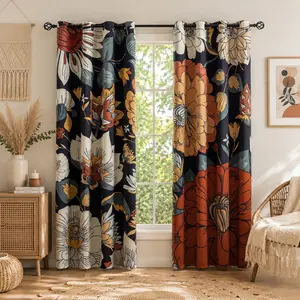 Tyrot Boho Floral 100% Blackout Curtains for Bedroom 2 Panels Mid Century Botanical Black Out Curtains for Living Room Grommet Thermal Insulated Room Darkening Window Drapes