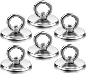 Strong Magnetic Hooks 6 Pack, 100 lbs (45 KG) Rare Earth Neodymium Fishing Magnets with Countersunk Hole Eyebolt, Heavy Duty Magnets Hook for Home, Workplace, Garage, Kitchen and Office
