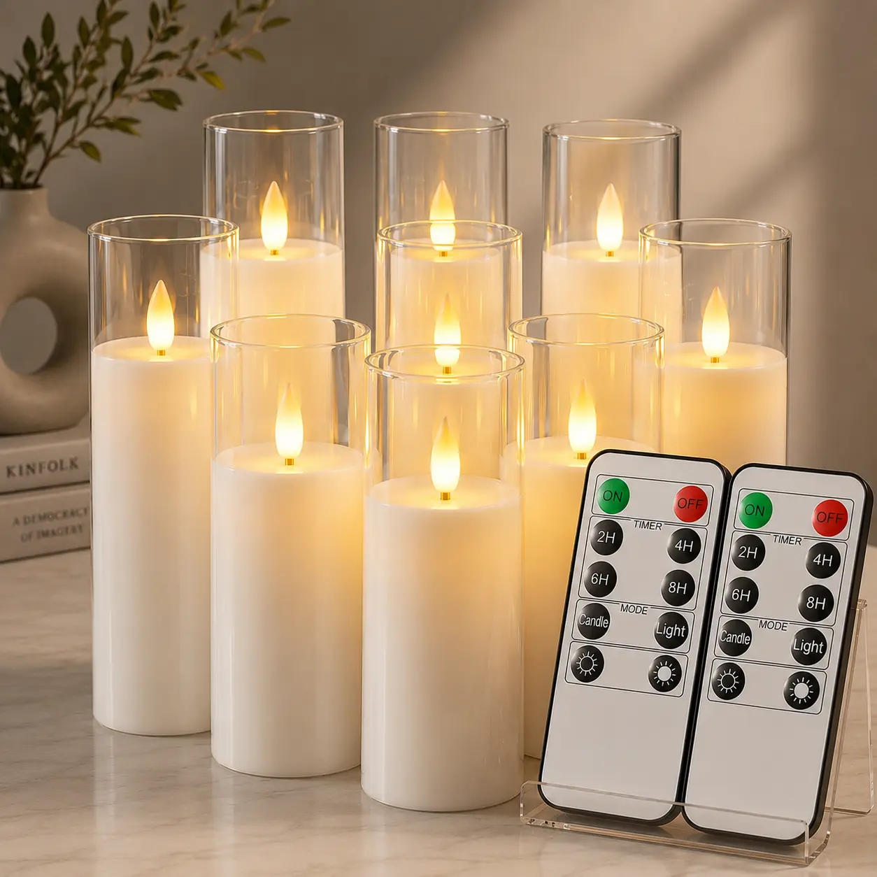 Pure White Acrylic Flameless LED Candles Set of 9, Battery-Operated with Remote & Timer, Electric Fake Candles for Room Decor, House Decor, Table Bedside Lamp, After Dark Mood Lighting, D2.2xH5"-7", Nightstand