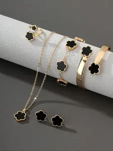 Flower Design Jewelry Set, Elegant Necklace & Bracelet & Bangle & Ring & Stud Earrings, Fashion Jewelry for Party, Daily Decor, Trendy All-match & Exquisite Jewelry for Birthday Gift, Matching Jewelry Set