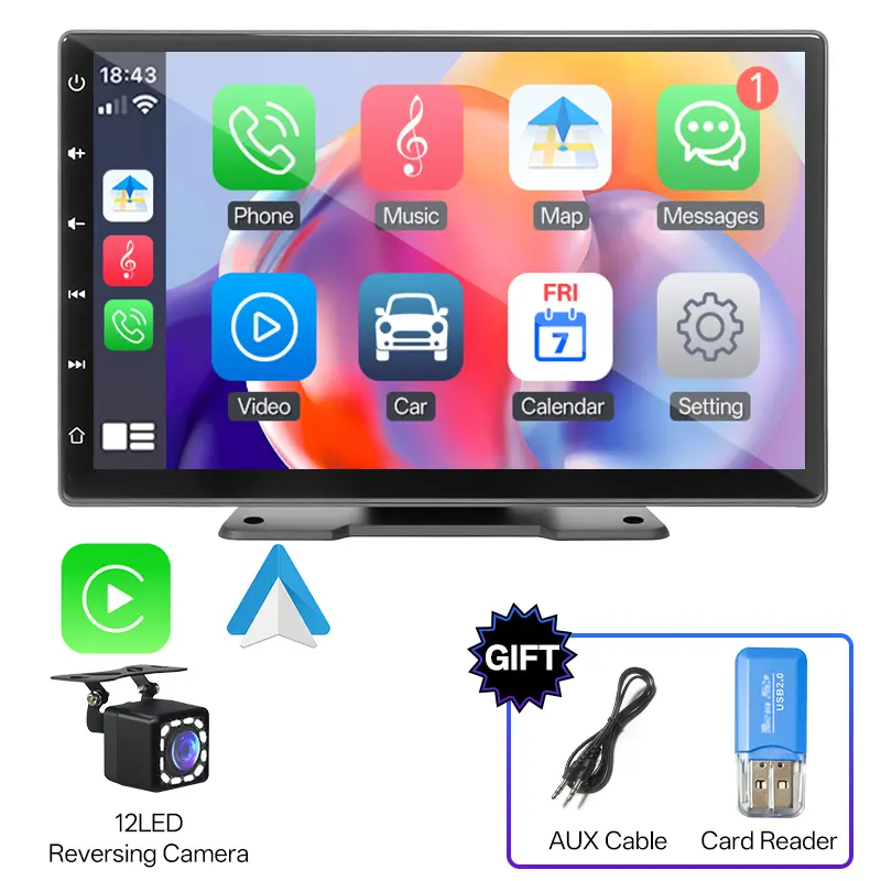 9 Inch Portable Car Stereo with Wireless CarPlay & Android Auto, Linux Universal Dashboard Touch Screen Car Radio, Bluetooth, Mirror Link,Gift Included