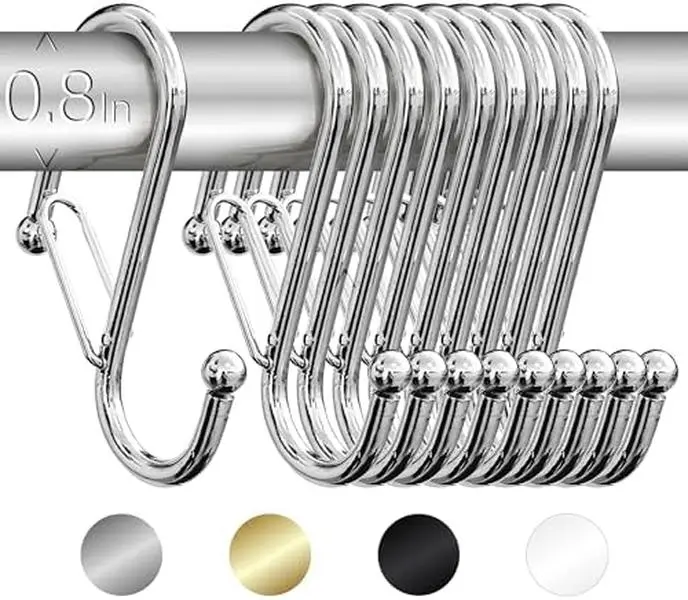 10 Metalic S-Hooks with Anti-Fall System. Anti Drop S-Shaped Hook with Safety Buckle to Prevent Falls. Heavy Duty. (Silver, 3.25in Long (Diameter Rod<0.8in))