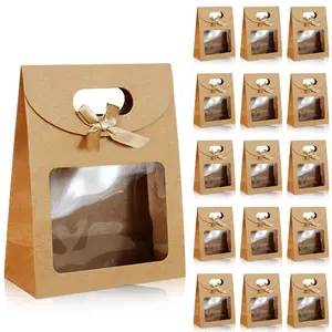 15 Reusable Kraft Paper Gift Bags with Bows & Transparent Windows, Flip-Top Handles, Elegant Packaging - Sturdy Stitched Edges for Candies, Cookies, Weddings, Thanksgiving, Valentine'S Day Party Favors, Natural Look, Gift Wrapping Supplies
