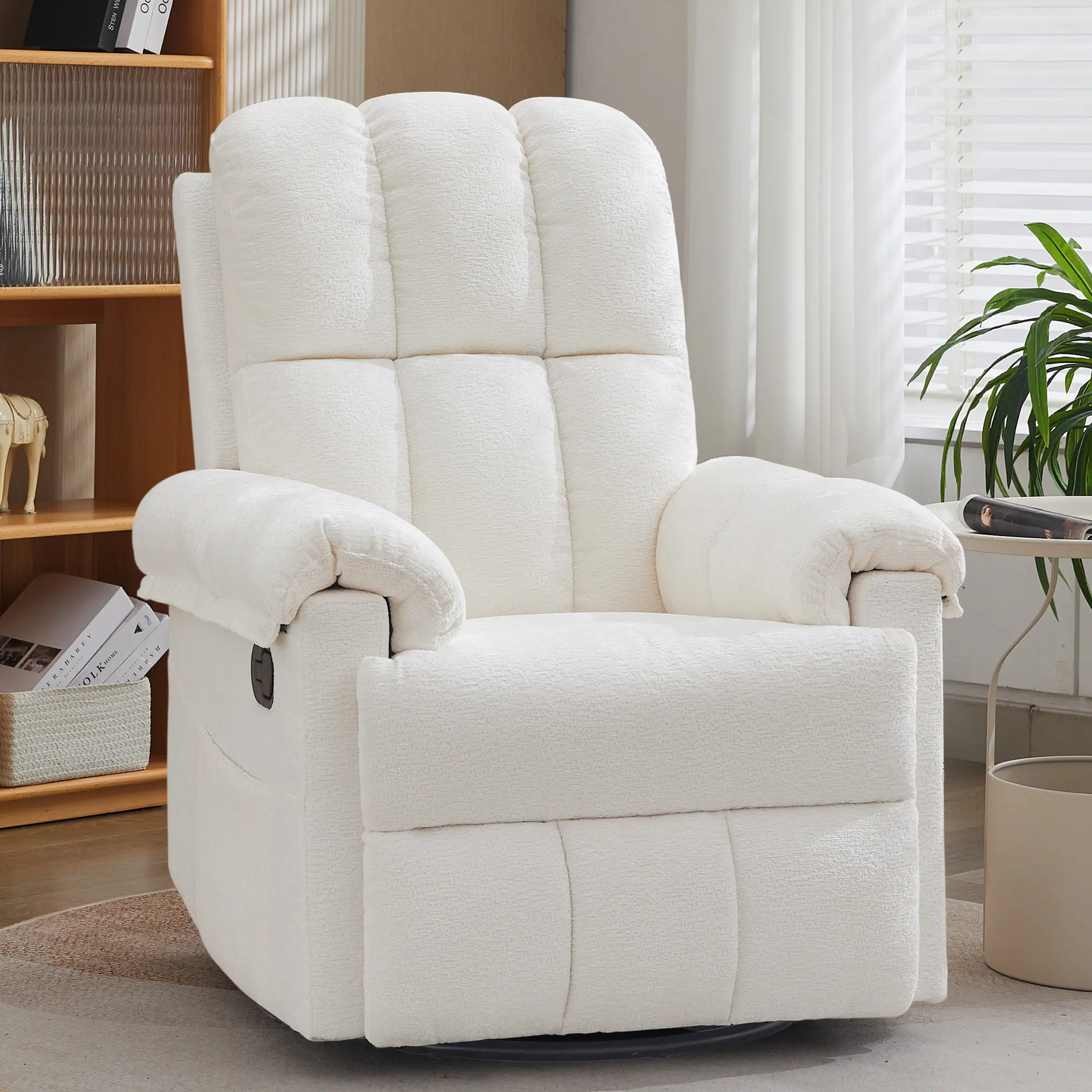 Korser Swivel Rocker Recliner Chair for Adults with Side Pockets 360° Swivel Effortless Recline Comfortable Chenille Fabric Sturdy Construction Ideal for Small Spaces Living Room Nursery