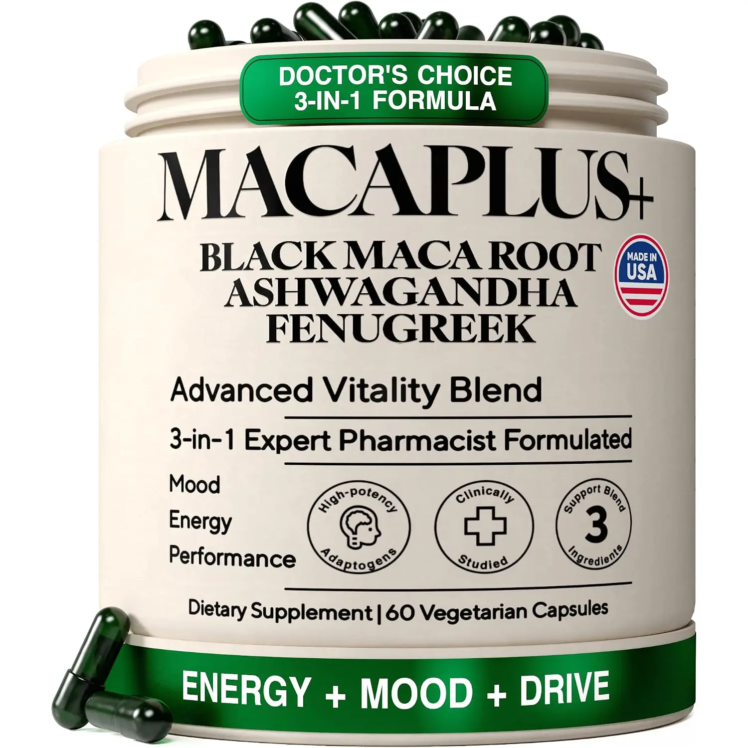 Organic Black Maca Root Supplement with Ashwagandha Fenugreek Energy Stamina Mood Support Peruvian Vegan 60 Capsules