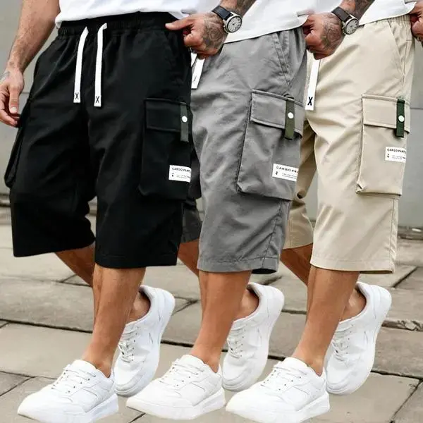 Men’s summer work shorts, 3-piece set — fashionable street-style casual Bermuda shorts with lightweight fabric, a loose fit, and large pockets—perfect for outdoor activities in summer, the beach, vacations, and casual wear; also suitable as a gift. Active