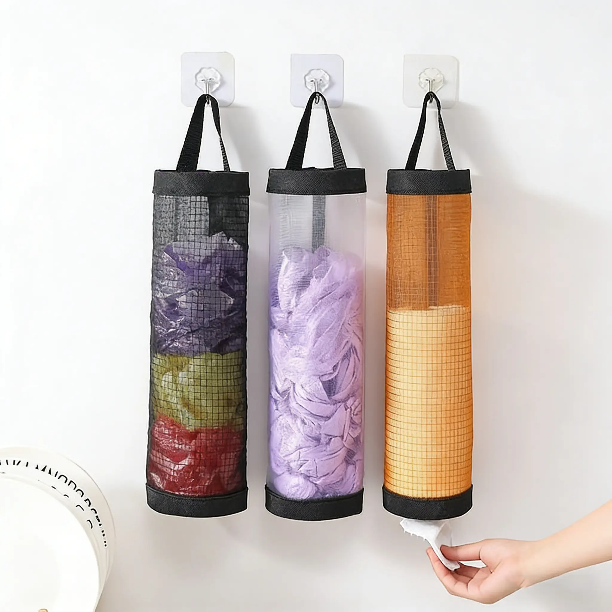 Free 2 Self-Adhesive Hooks,2 Counts Plastic Bag StorageBag,Hanging Foldable Mesh Bag,Garbage BagOrganizer,Kitchen Storage Bag,KitchenOrganizer,Household Items. reusable plastic pouch case w vegetable fruit meat self-adhesive hook bread basket holiday haul