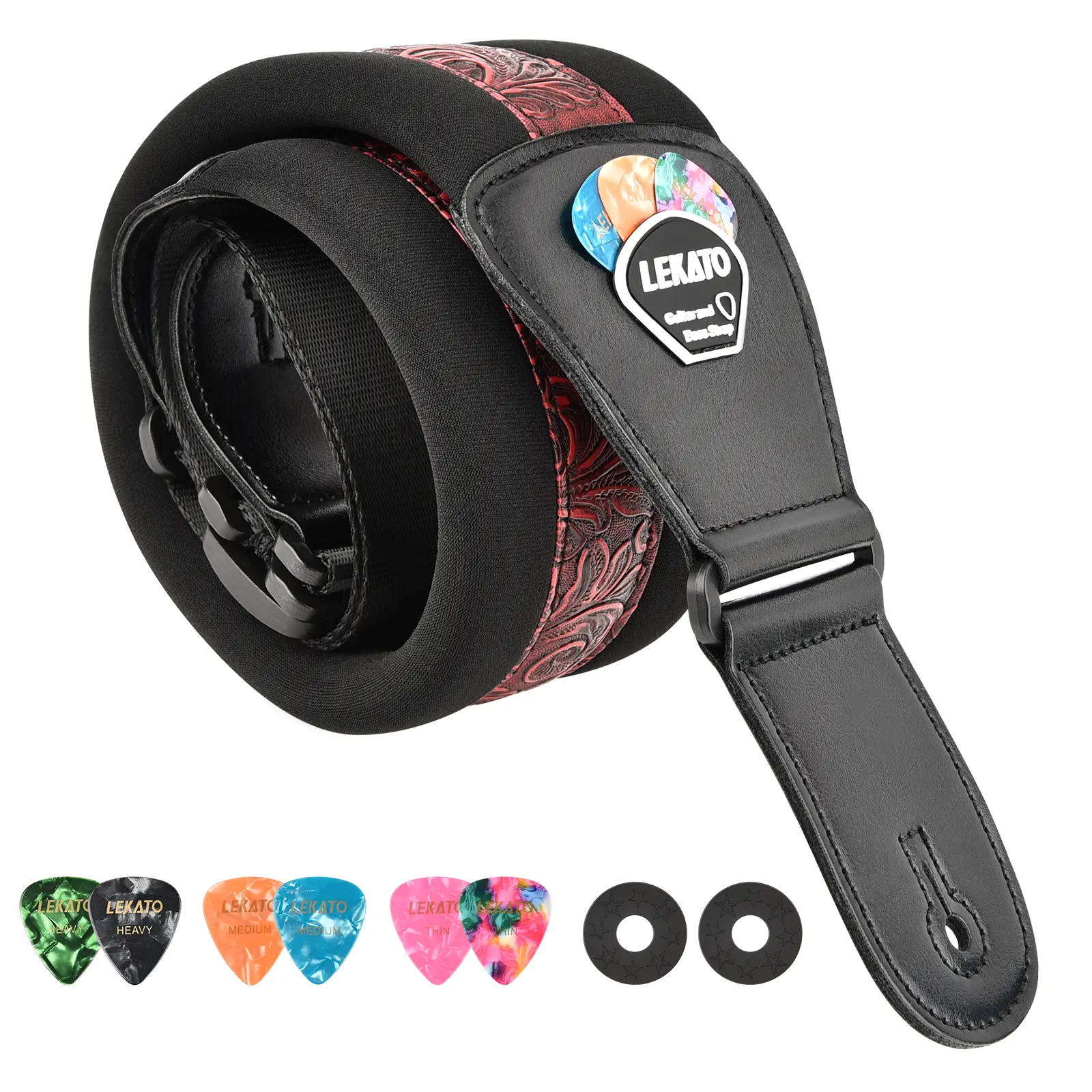 LEKATO LGS-2 Nylon Memory Foam Adjustable Guitar Strap w/ 6 Picks & 2 Safety Strap Locks Set, With Pick Holder, 3" Wide Protect Padded Belt, Electric Bass Guitar Strap Kit,Music Lover Father Mother Boy Girl Friend Gift