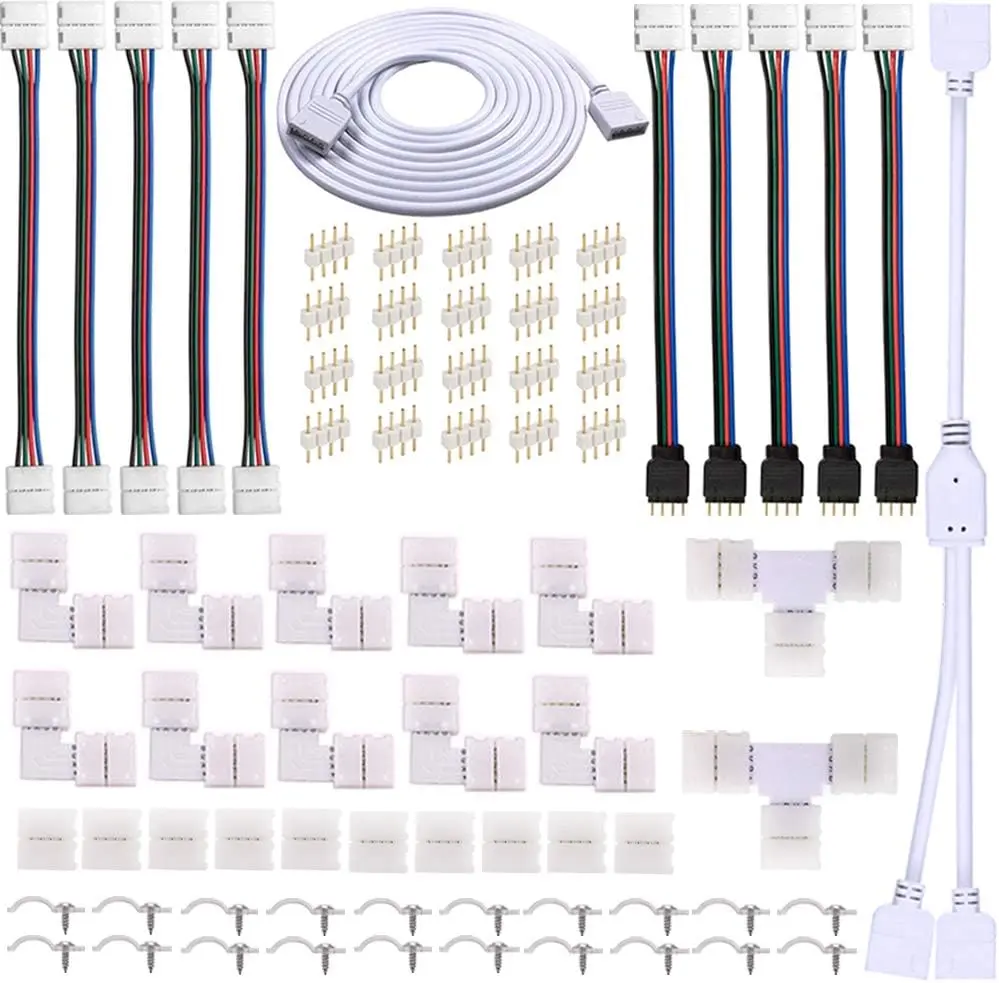 74 pcs 4-pin LED strip connector kit, including extension cords, L-shaped/T-shaped connectors, gapless adapters, and fixing clips, suitable for 10mm 5050 RGB strip installation