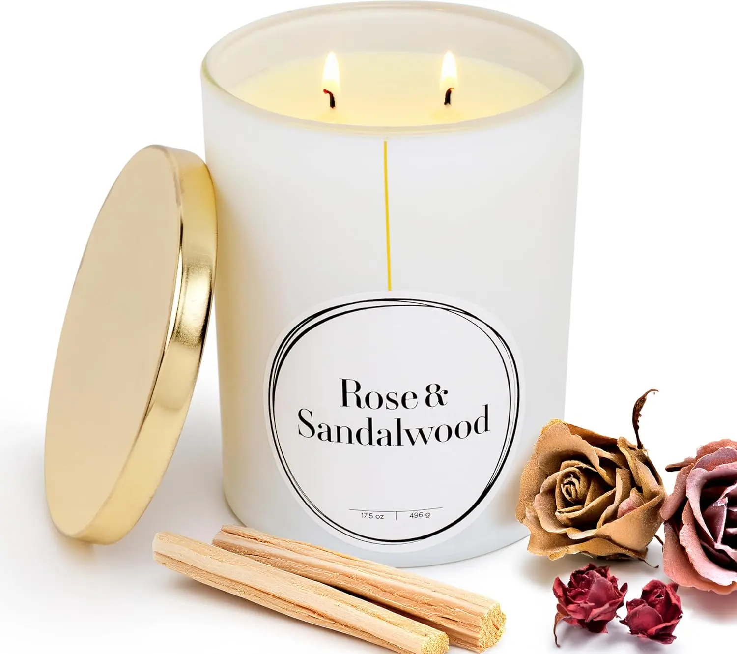 QUALIA Scented Candle 17.5 oz – Large Tumbler with Dual Wicks, 110-Hour Burn Time, Long-Lasting Fragrance, Ideal for Home Decor or Holiday Gifting (White, Rose & Sandalwood)