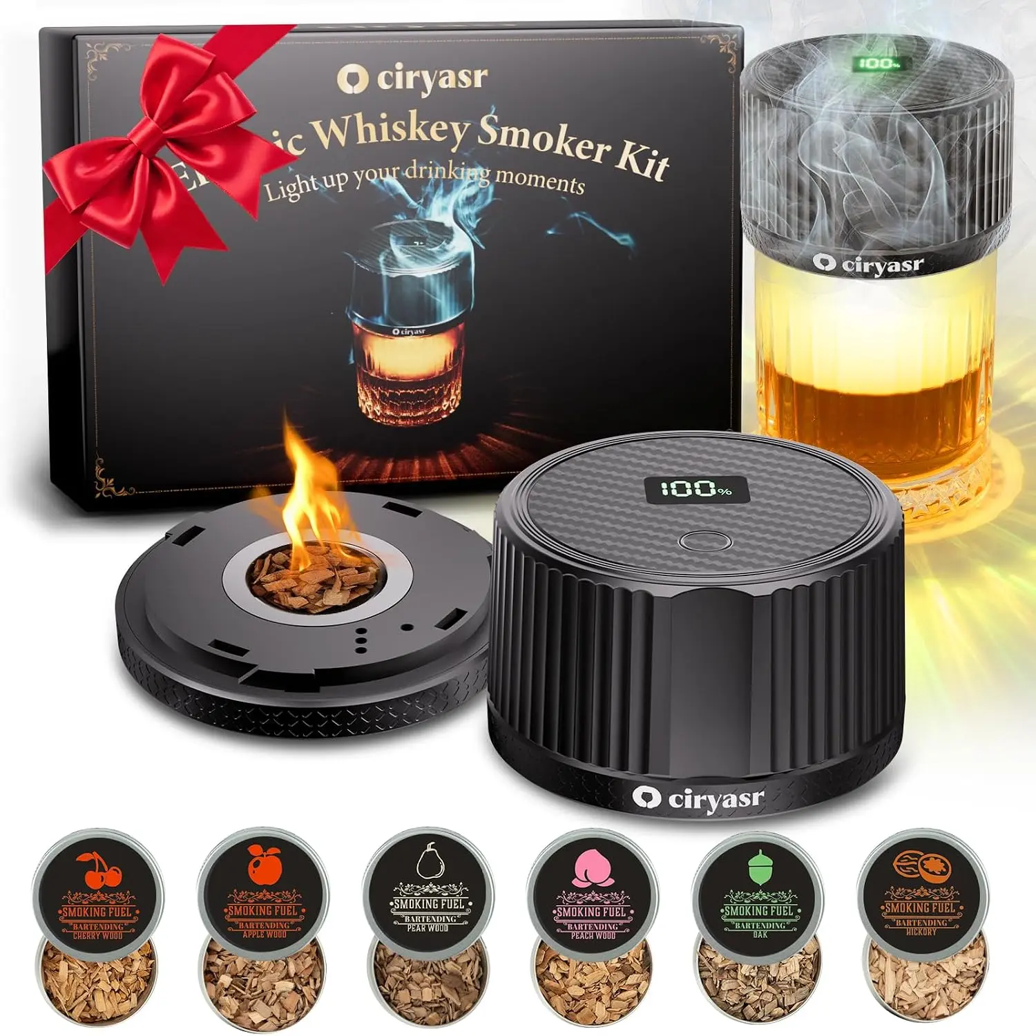 Upgraded Electric Whiskey Smoker Kit, Unique Home Bar Gift for Whiskey Lover, 6 Wood Chips & 4 Light Modes – Infuse Rich Smoky Flavors in Bourbon Old Fashioned & Cocktails, Birthday Gifts for Him, Dad (No Butane)