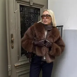 Retro Short Faux Fur Jacket for Women, European Style Long Sleeve Winter Outerwear in Brown