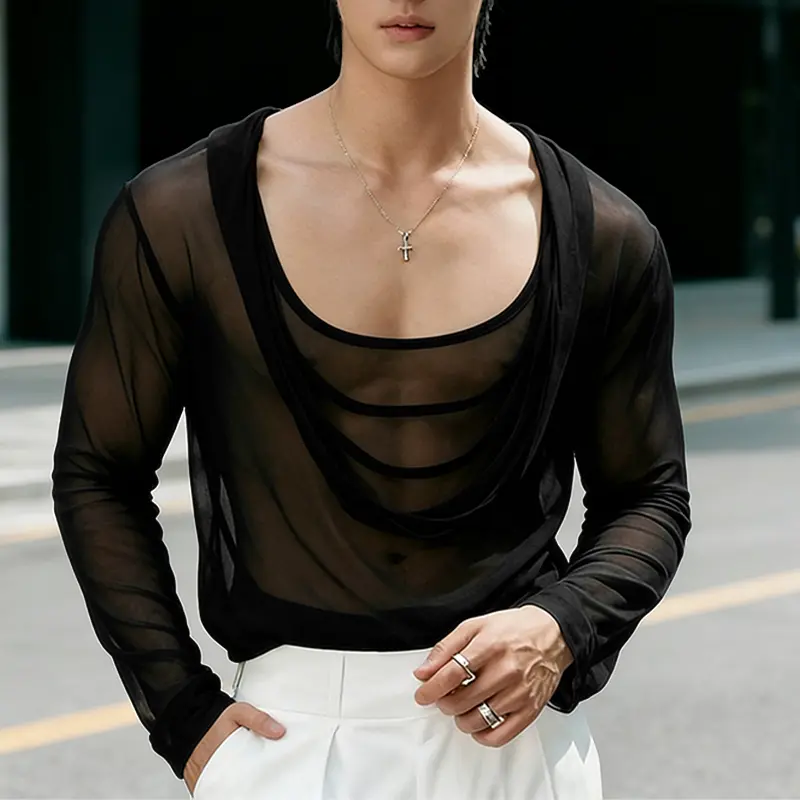 INCERUN Mens Cowl Neck Mesh Sheer Long Sleeve Summer Casual Party Club Solid Shirt T-shirts Tops