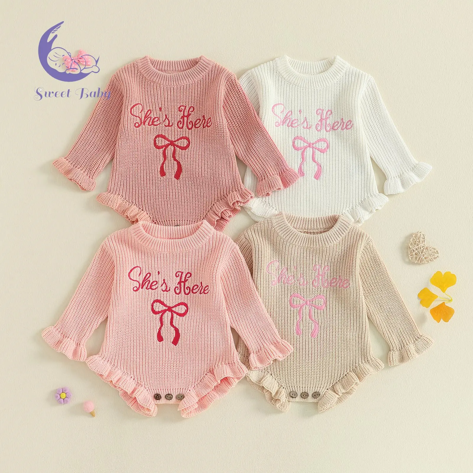 Baby Girls Knit Romper - Long Sleeve Crew Neck Embroidery Bow Letters Bodysuit Sweater, Embroidery Baby Girls Clothing for Casual Daily Use