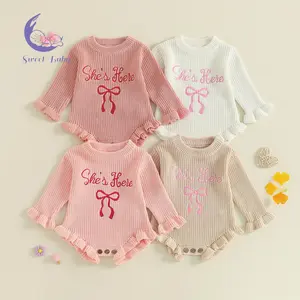 Baby Girls Knit Romper - Long Sleeve Crew Neck Embroidery Bow Letters Bodysuit Sweater, Embroidery Baby Girls Clothing for Casual Daily Use