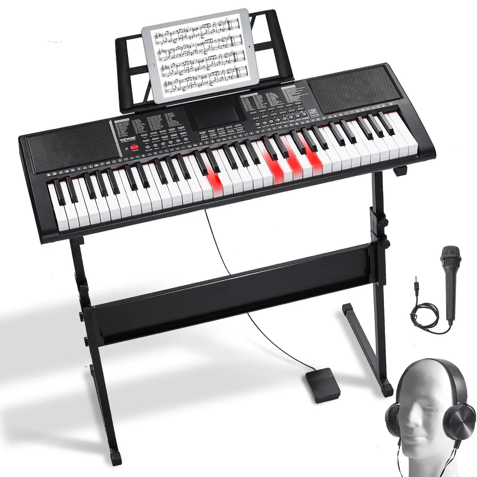 【Summerfinds】VEVOR 61 Key Digital Keyboard Piano,  , Lighted Keys, Electric Portable Piano with Adjustable Stand 600 Tones 500 Rhythms Built-In Speakers Sustain Pedal Headphones Microphone, USB MIDI for Beginners