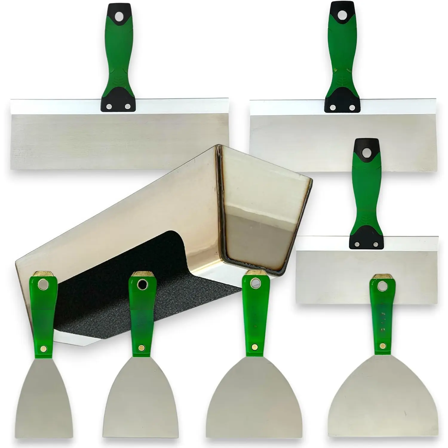 Flexible Stainless Steel Drywall Taping Set with 12" Mud Pan and Grip, Lightweight Handles, Classic Style, Professional and Easy-to-Use Finish