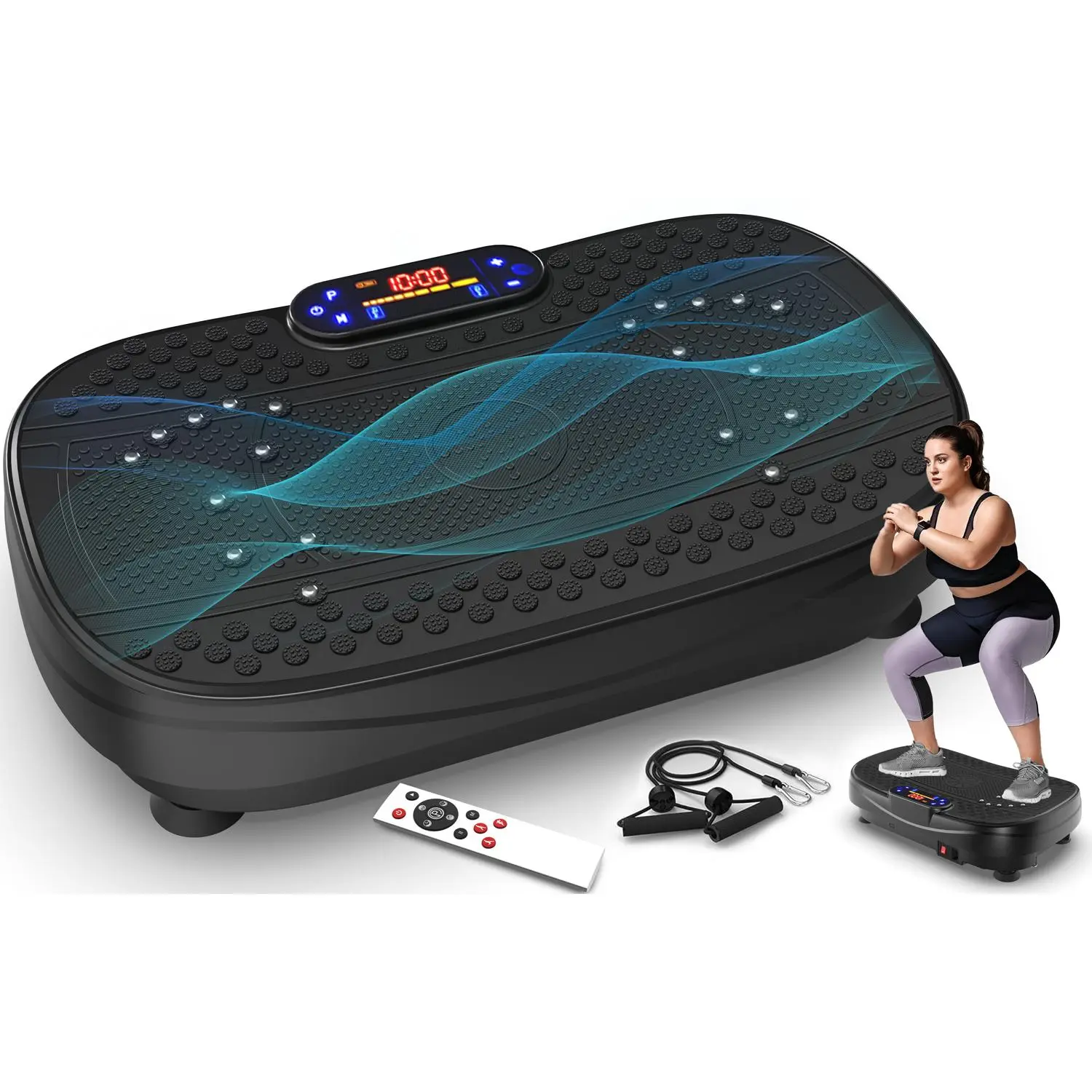 Whole Body Vibration Plate Exercise Machine, Adjustable Speed Fitness Platform for Home Gym, Compact Portable Trainer with Resistance Bands and Remote, Black