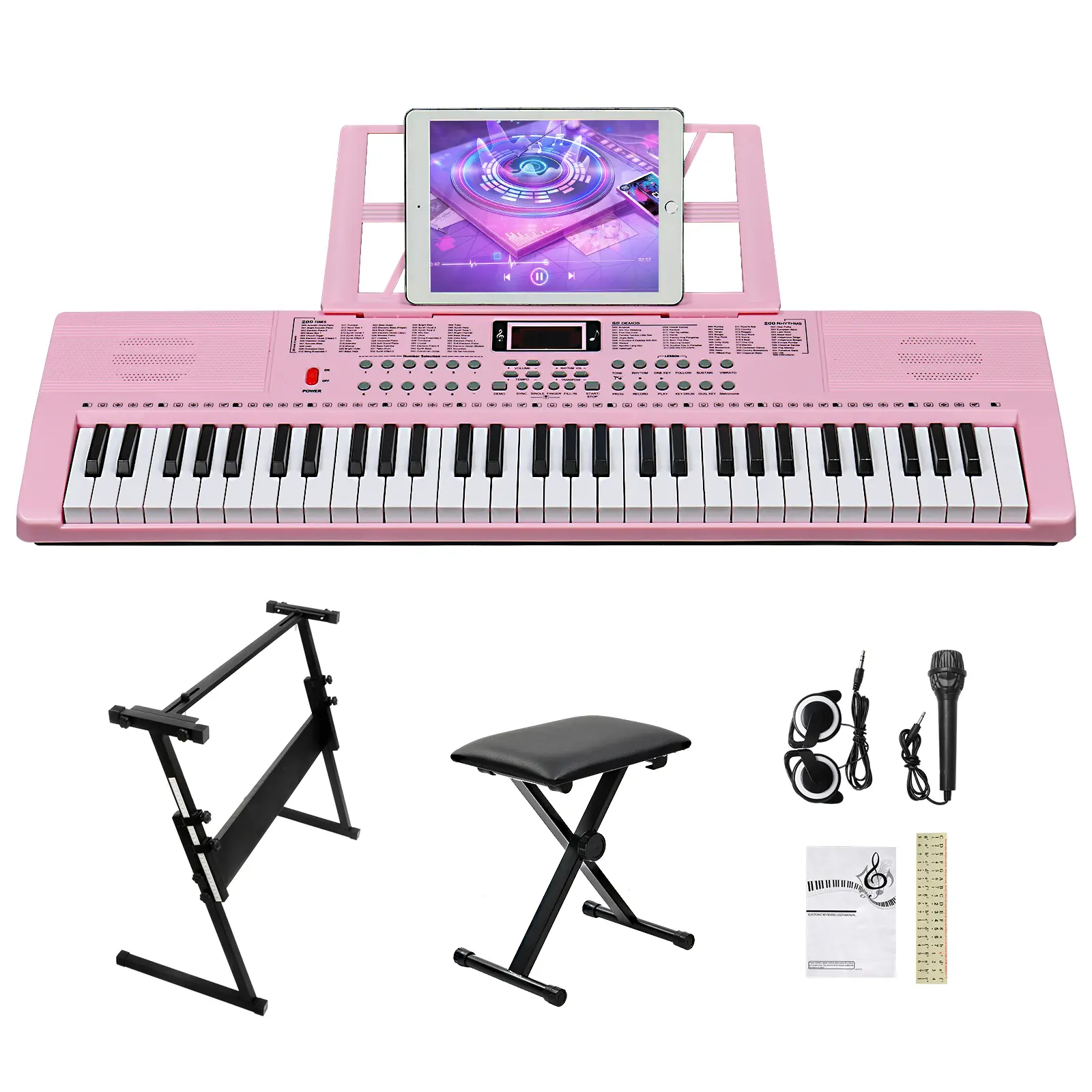 Pink 61-Key Semi-Weighted Electronic Piano Kit - Portable Bluetooth Keyboard with Stand, Bench, Dual Built-In Speakers, Headphone, Microphone, Music Rest, LED Screen, 3 Teaching Modes, Pedal - Ideal for Beginners, Musical Gifts