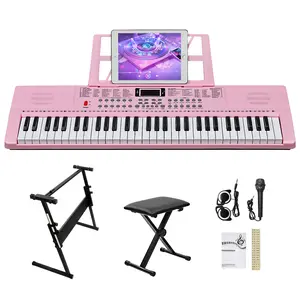 GEP-110 61-Key Pink Keyboard Kit with Piano Stand Bench Built-In Speakers Headphone Microphone Music Rest LED Screen 3 Teaching Modes for Beginners Kids Adults Teens Musical Gifts Bluetooth Digital Semi-Weighted Pedal beginner kit Portable Dual-Speaker