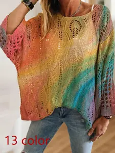 Women's Boho Rainbow Gradient Knit Top, Loose Fit Batwing Shoulder Design, Long Sleeve, Casual Elegant Vacation Style, Spring Summer Fall Fashion, Knitwear