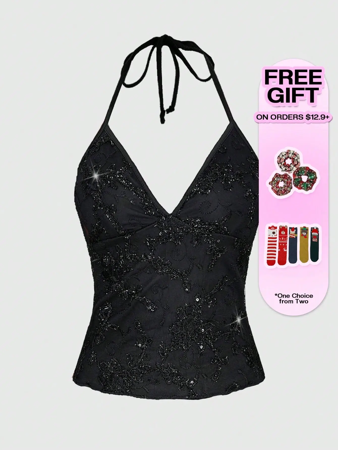 Women's Fairycore Mesh Halter Tank Top Floral Embroidery Sequin Detail Summer Y2K Cami Top