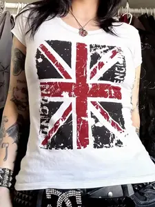 Women's Milk Silk Fabric T-Shirt, Short Sleeve British Flag Print, Vintage Fashion Casual Style, All Seasons Wear