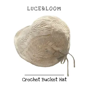 【LUCE&LOOM】Women's Handmade Crochet Bucket Hat Solid Color Breathable Summer Sun Hat with Back Tie for Casual Daily Outdoor Beach Vacation Travel