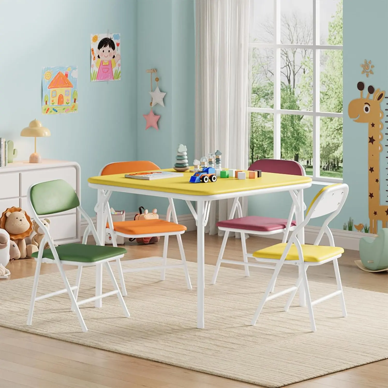 Children's 5-Piece Foldable Table & Chair Set - PU Leather, Metal Frame, Easy Fold, Kid-Friendly, Easy to Clean, Portable Child-Sized Furniture - Ideal for Playroom, Nursery