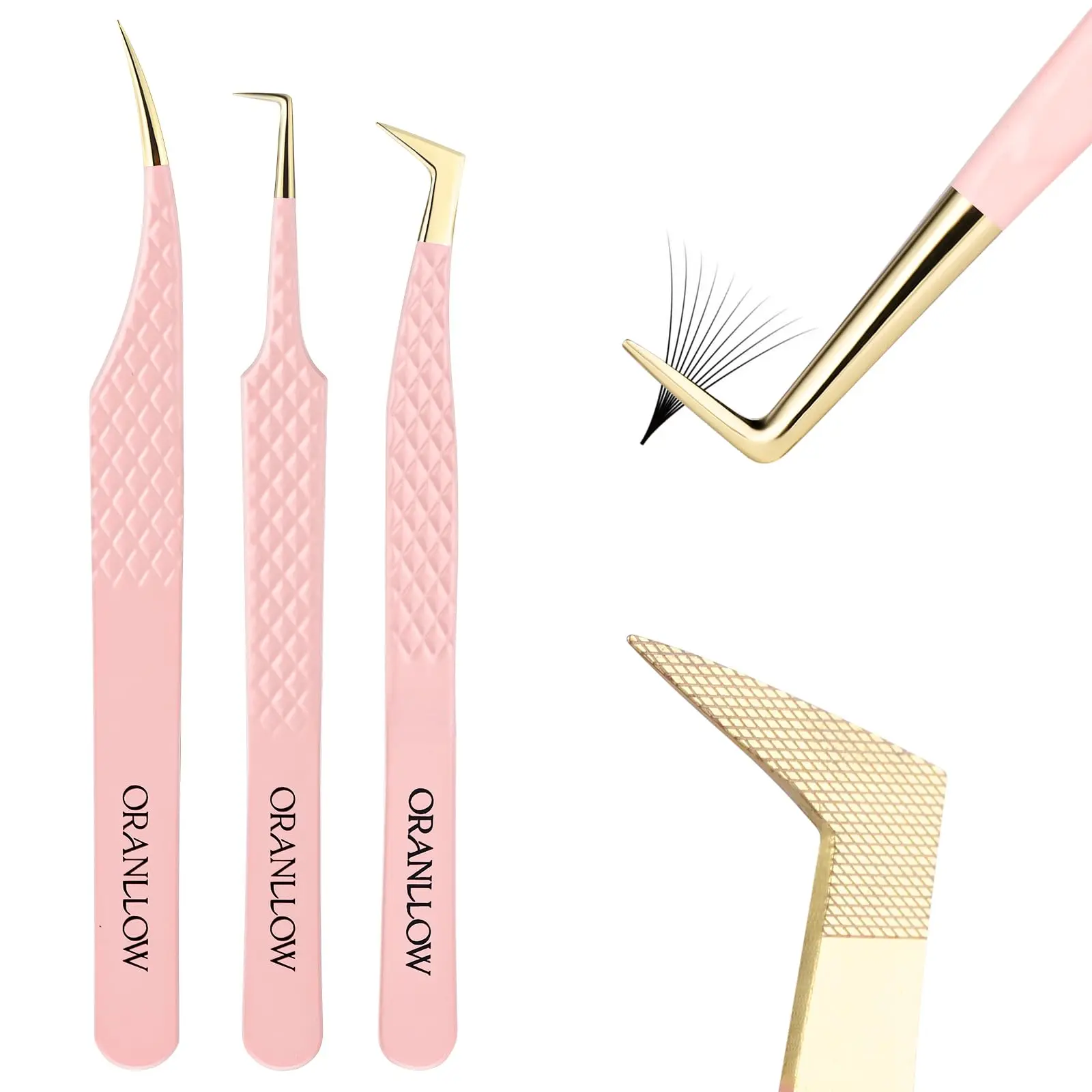 3 Pcs Precision Fiber Tip Lash Tweezers Set for Eyelash Extensions | Diamond Grip, Volume,L-shape Boot, 90 Degree Eyelash Tweezers for Volume Classic Lashes Premade Fans