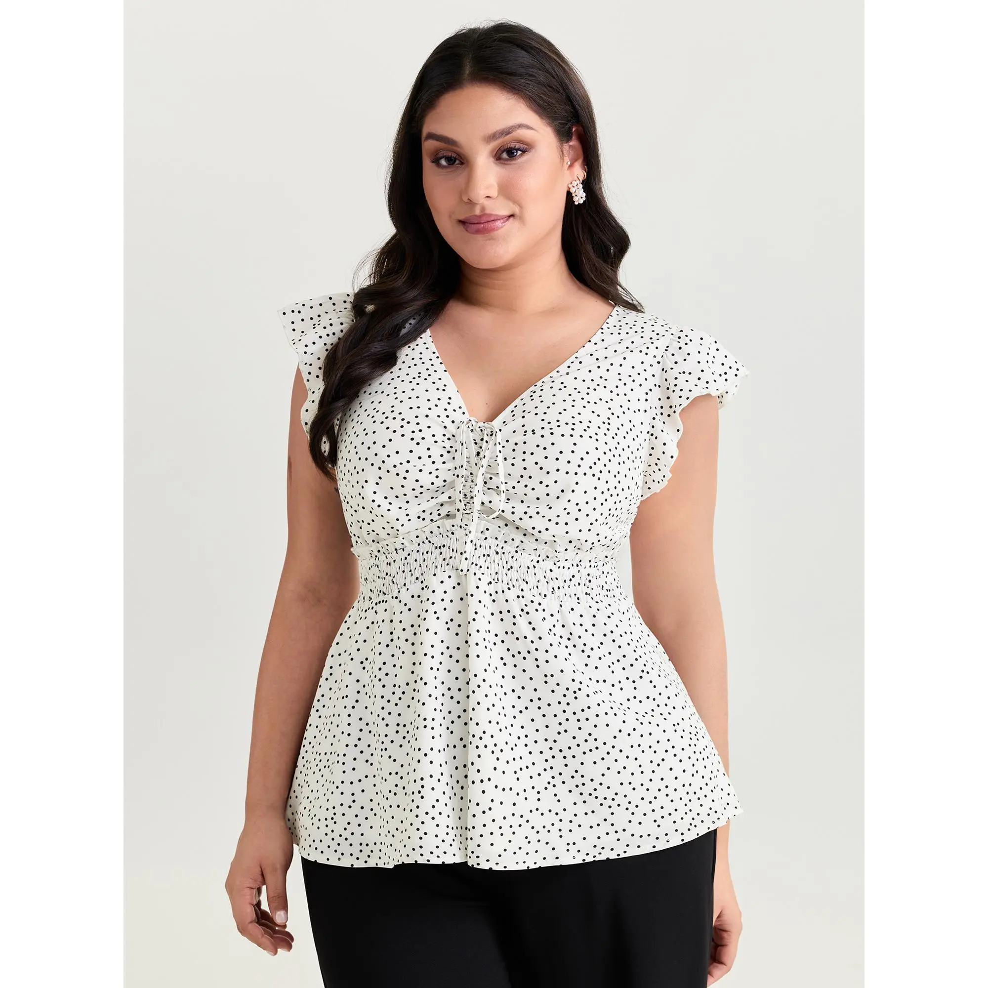 BloomChic Women's Plus Size Romantic Polka Dot Cropped Blouse - Smooth Polyester-Spandex Fabric, Shirred Fitted Top with Ruffled Cap Sleeves for Summer, Women's Clothes Fashion Finds, Tops For Women