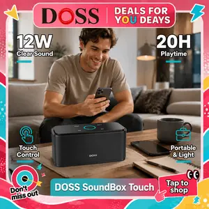 DOSS SoundBox Touch Wireless Bluetooth Stereo Portable Speaker, 12W HD Sound Bass, IPX5 Waterproof, 20H Playtime, Touch Control, Handsfree Mic Audio, Smart Device & Mobile Compatibility, Micro USB Rechargeable, Black for Home & Outdoor Use fathersdaygift,