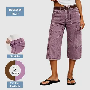 Flamingals Stitch Detail Side Pocket Mid Waist Straight Leg Capri Pants Summer Vibes Stretchy 18.1" Inseam Casual Bottoms