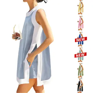 Molitree Women's 2 Piece Sets Casual Color Block Crewneck Short Sleeve Pullover Tops Matching Shorts with Pockets Clothes Sleeveless