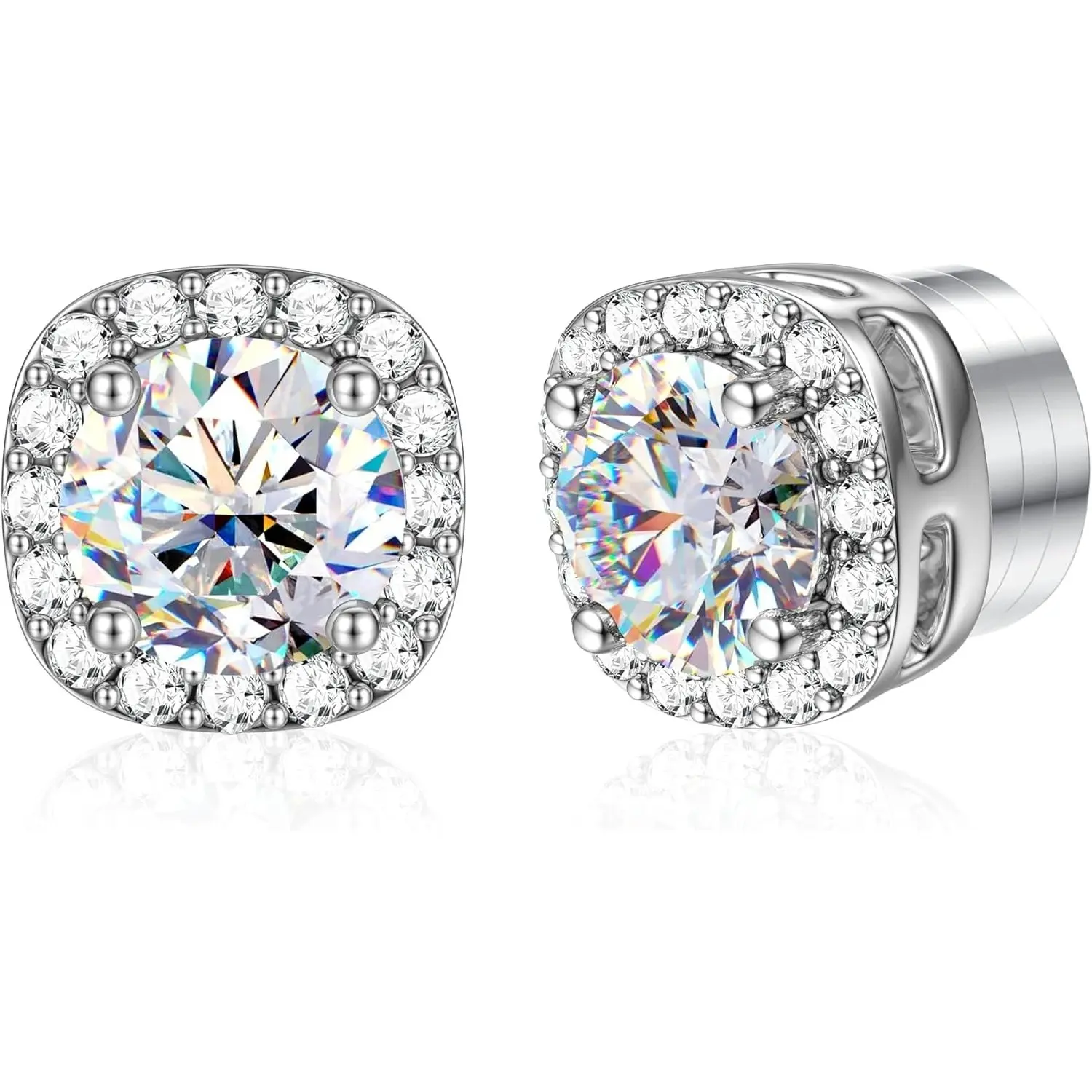Fashonable Non Pierced Synthetic Moissanite Magnetic Earrings for Women 18K White Gold Plated Hypoallergenic Stainless Steel Fake  Earrings Ear Studs