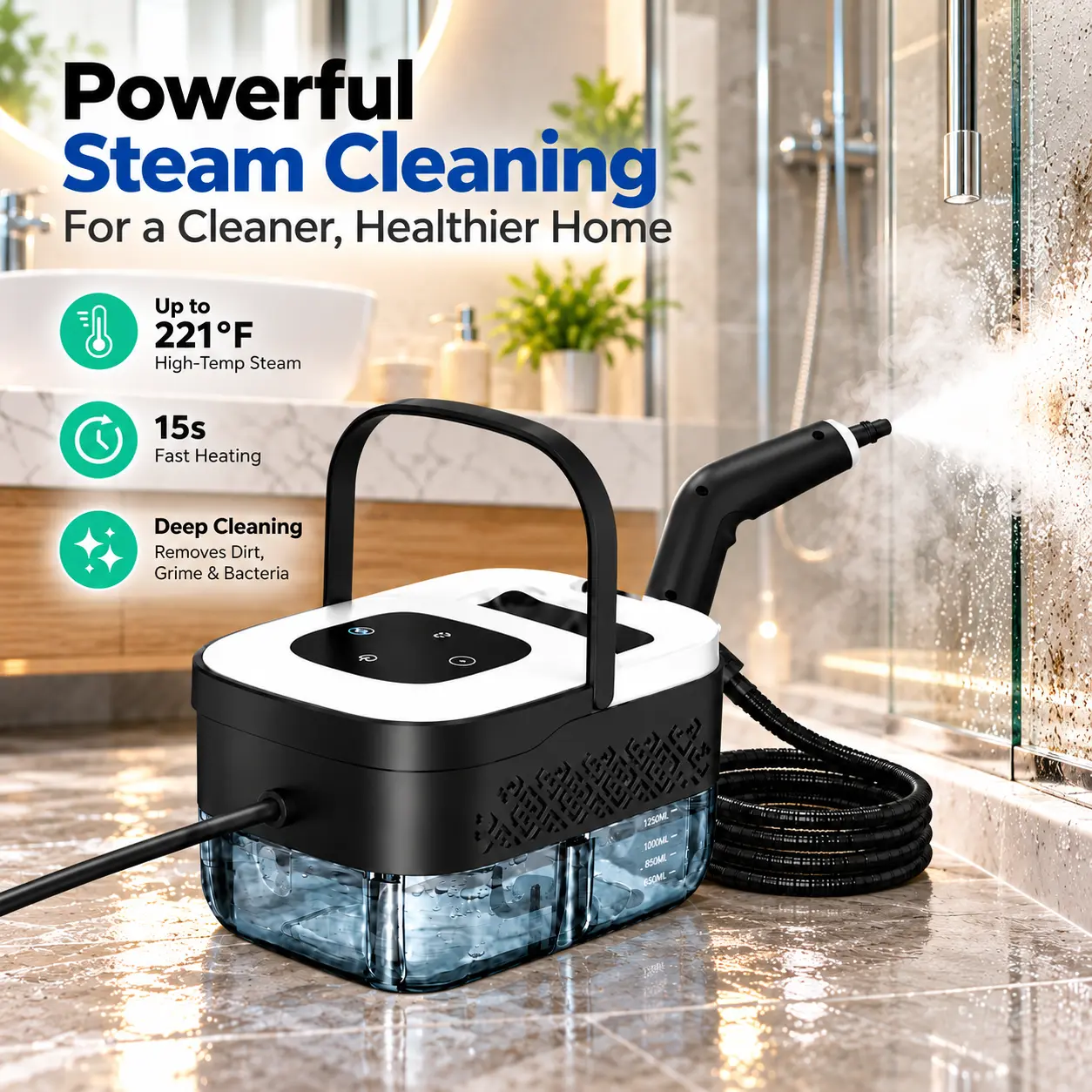 Portable Handheld Steam Cleaner for Home & Car, Compact Steamer with Top Handle and Multiple Nozzles, 6-Level Adjustable Steam Control, 15s Fast Heat-Up, 18 Accessories, 221°F Deep Cleaning