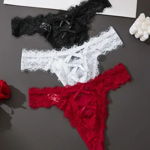 Women's Lace Panties Set, Underwear, Fit, Stretchy Backless Bow Design, Elastic Waistband, Hollow Out Breathable Floral Pattern, Perfect Gift, Stretchy Lace Panty