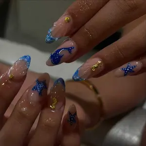 24pcs Long Almond Blue Star Shell Turtle French Design Press-On Nails Set, Perfect Fit Acrylic False Nails, Easy Wear for Parties Dance Daily Use