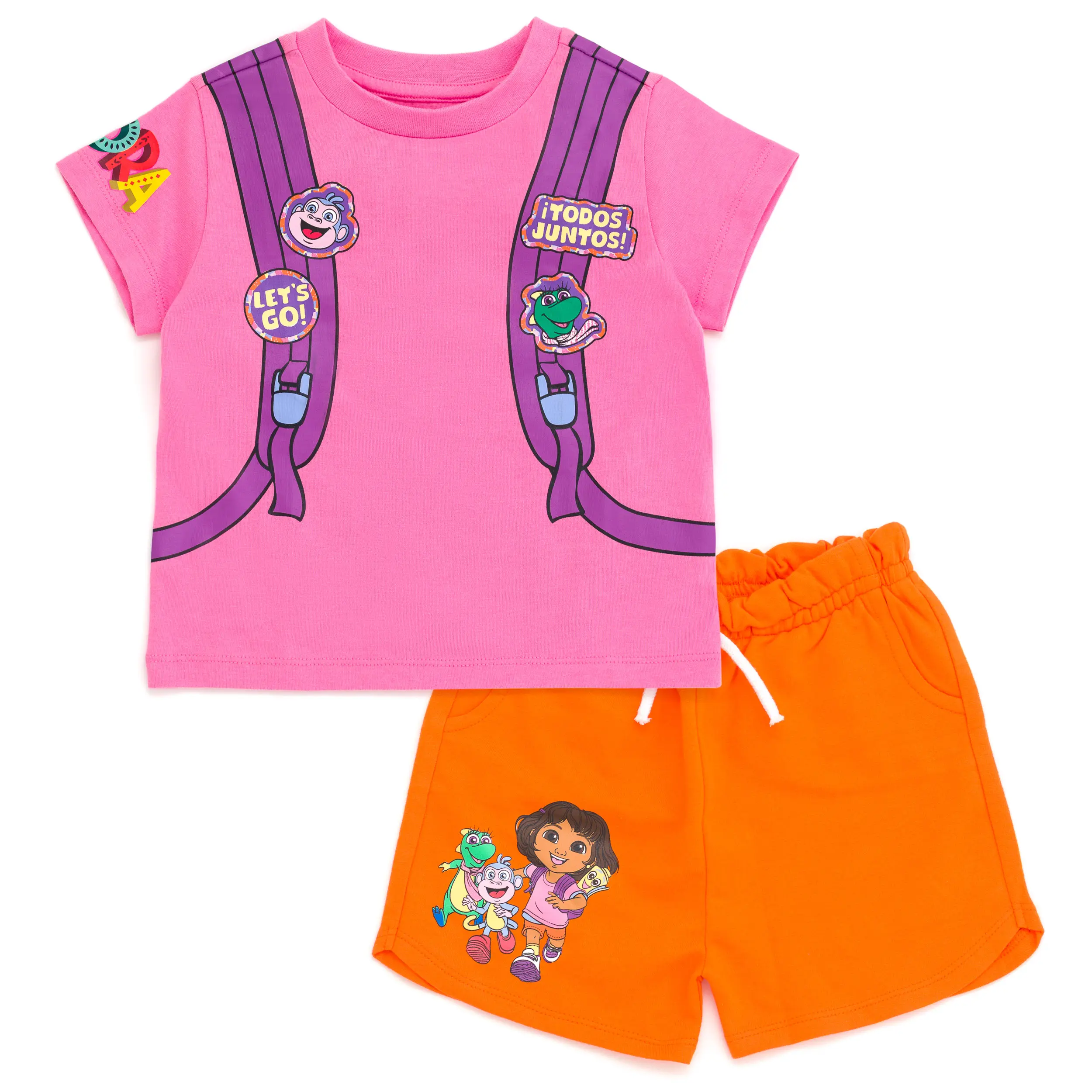 Dora the Explorer Infant Baby Girls' 2-Piece Casual Set - Graphic Print Character Art T-Shirt, French Terry Ruffle Shorts Outfit (Pink, Orange), Infant Fit
