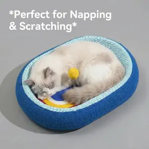 Rainbow Cotton Rope Cat Bed & Scratcher with Interactive Ball Toy, 3-in-1 Durable Woven Cat Scratching Post Bed, Washable Cat Nest for Indoor Cats, 12cm Height Non-Slip Cat Bed for Kittens & Small Pets