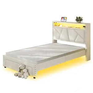 Twin Size Upholstered LED Bed Frame White