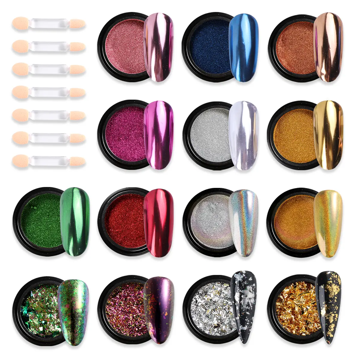 Fcozpjk Chrome Nail Powder Set 14Colors Pink Blue Silver Metallic Effect Mirror Powder for Nails With Brushes Holographic Pigment Chameleon Flakes for Nails Gold Leaf Decoration Nail Supplies